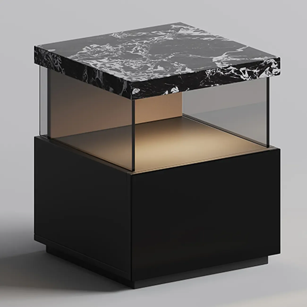 Black Modern Sintered Stone Top 2-tier Nightstand with Light Image - 3