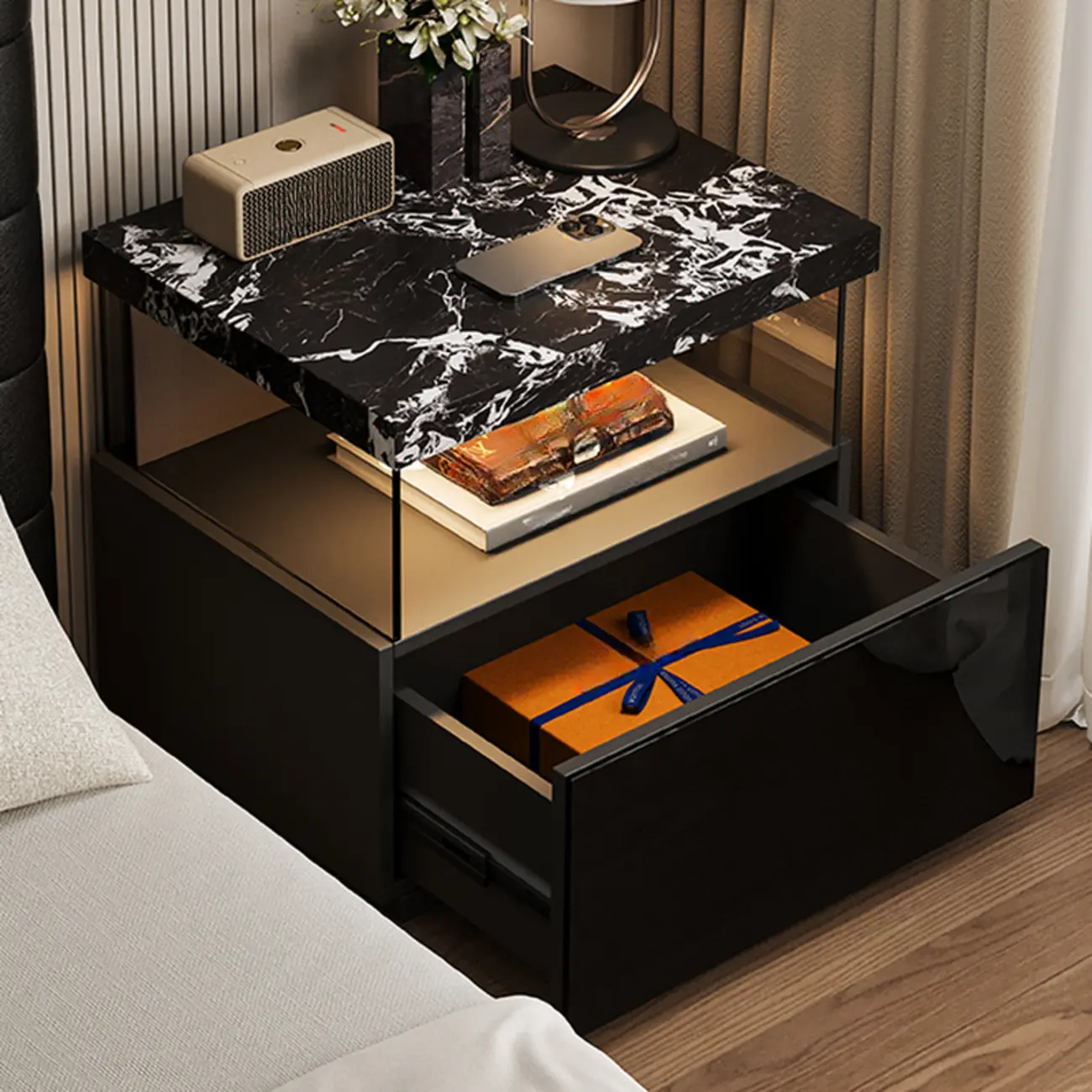 Black Modern Sintered Stone Top 2-tier Nightstand with Light Image - 2 | homeyfad