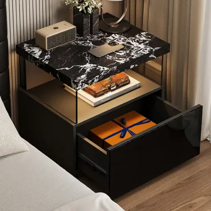 Black Modern Sintered Stone Top 2-tier Nightstand with Light Image - 2