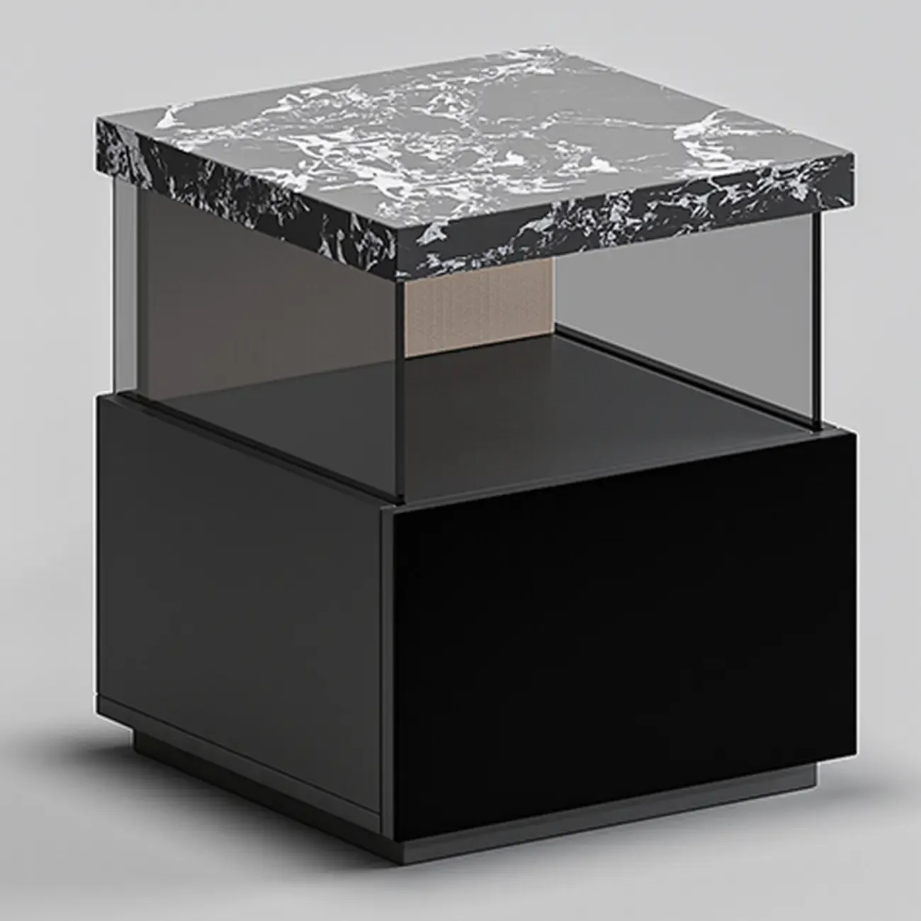 Black Modern Sintered Stone Top 2-tier Nightstand with Light Image - 5