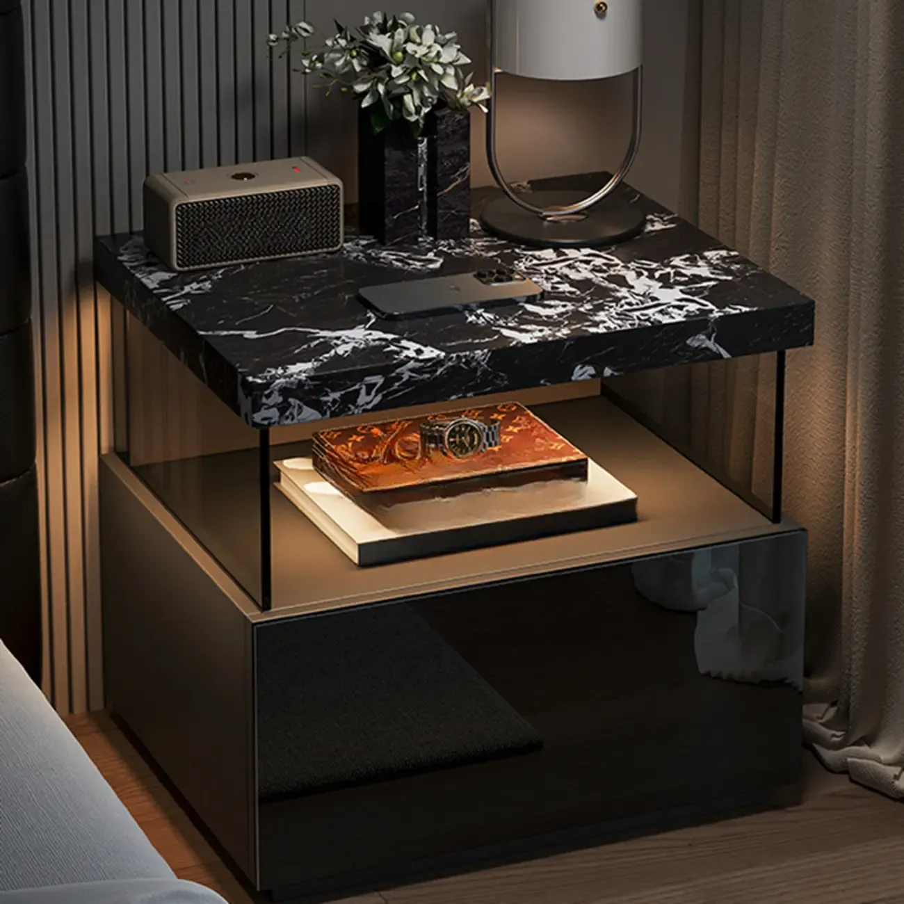 Black Modern Sintered Stone Top 2-tier Nightstand with Light Image - 6
