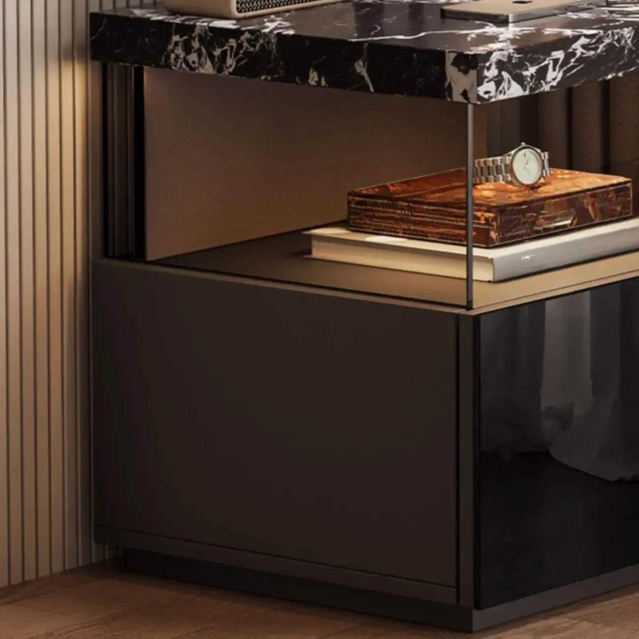 Black Modern Sintered Stone Top 2-tier Nightstand with Light Image - 8