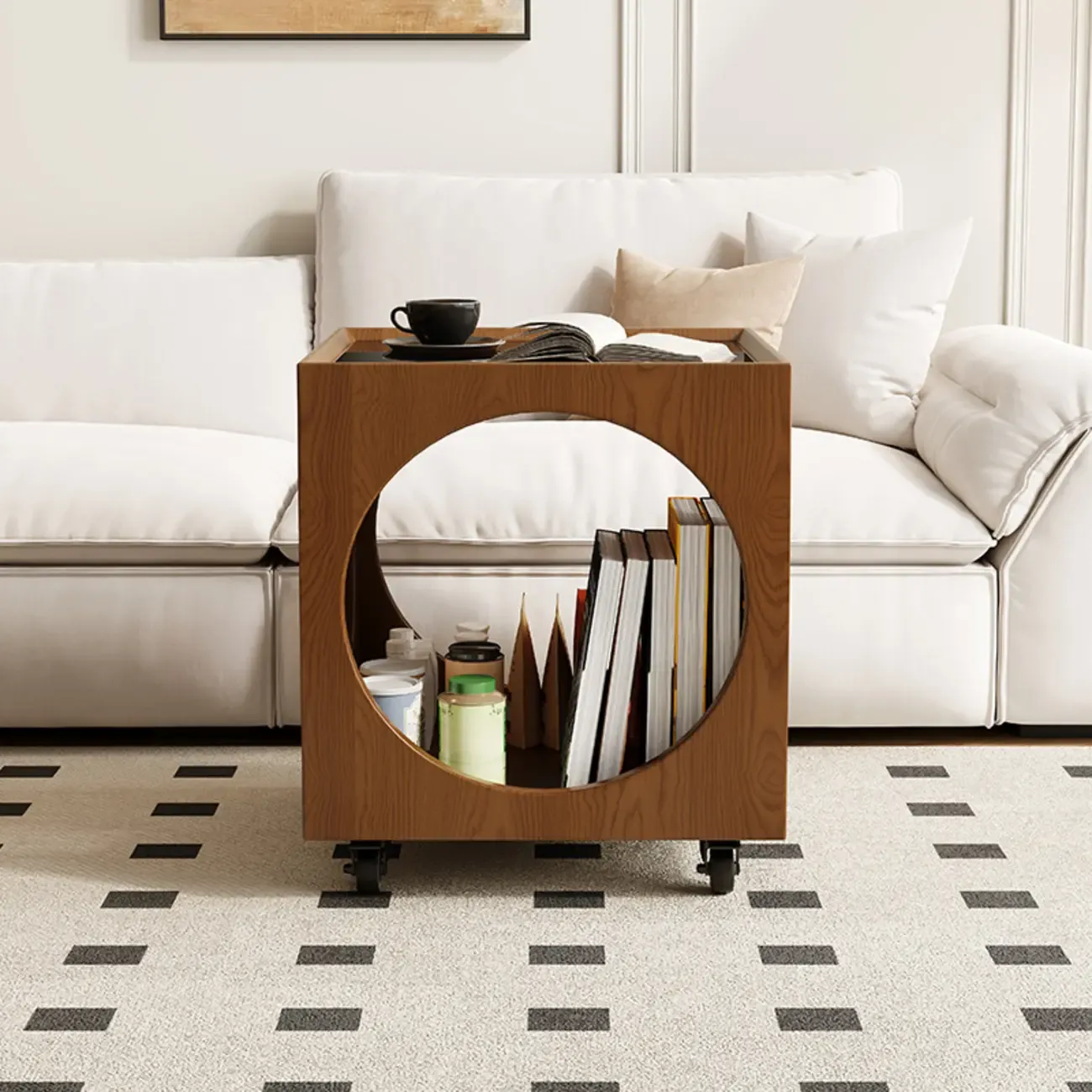 Mid-Century Modern Rolling Glasstop Square Wood Side Table Image - 2