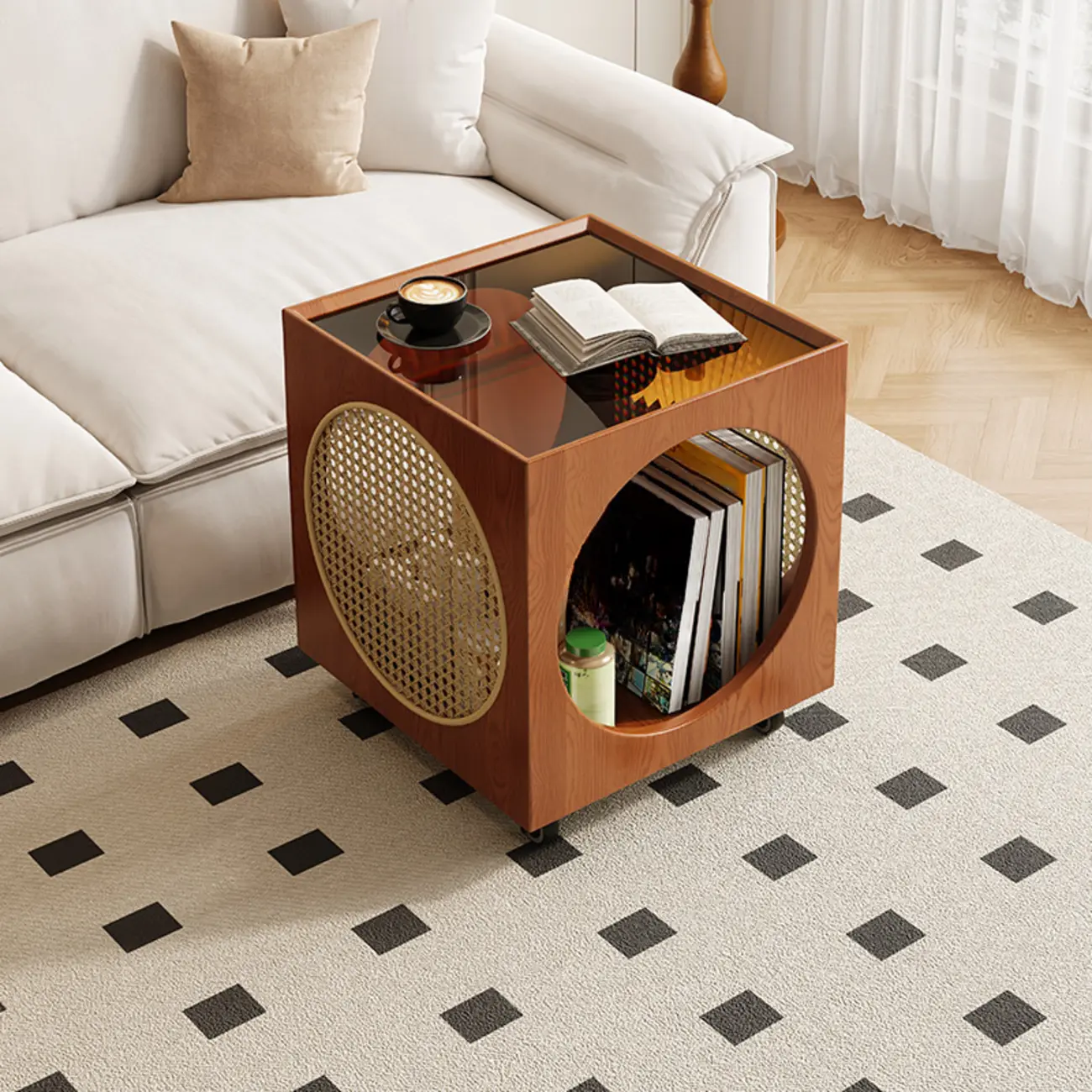 Mid-Century Modern Rolling Glasstop Square Wood Side Table Image - 1 | homeyfad