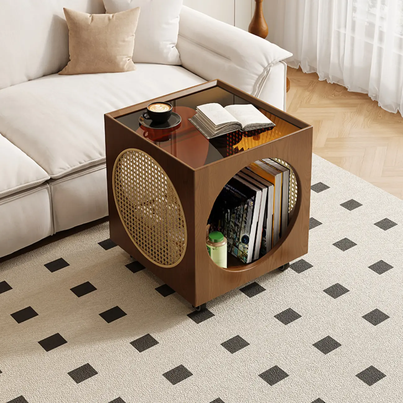 Mid-Century Modern Rolling Glasstop Square Wood Side Table Image - 3 | homeyfad