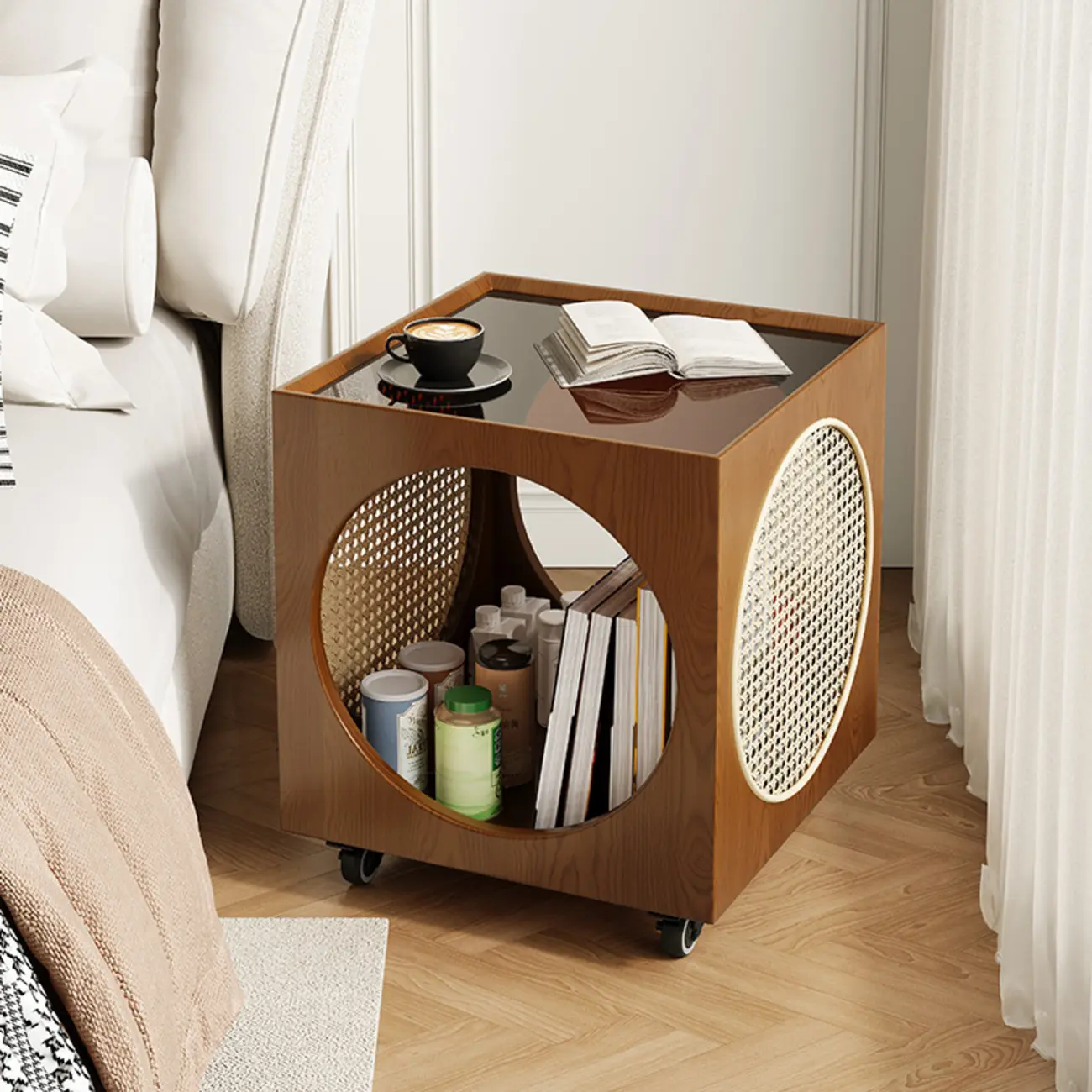 Mid-Century Modern Rolling Glasstop Square Wood Side Table Image - 4 | homeyfad