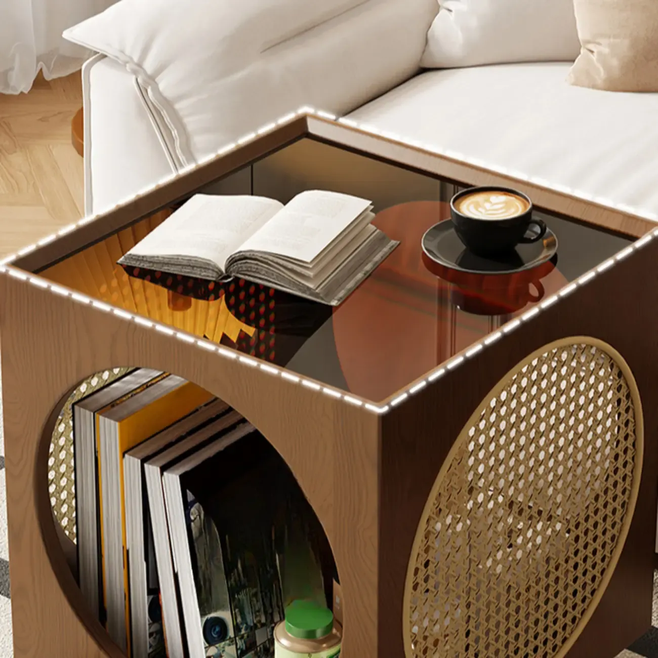 Mid-Century Modern Rolling Glasstop Square Wood Side Table Image - 5