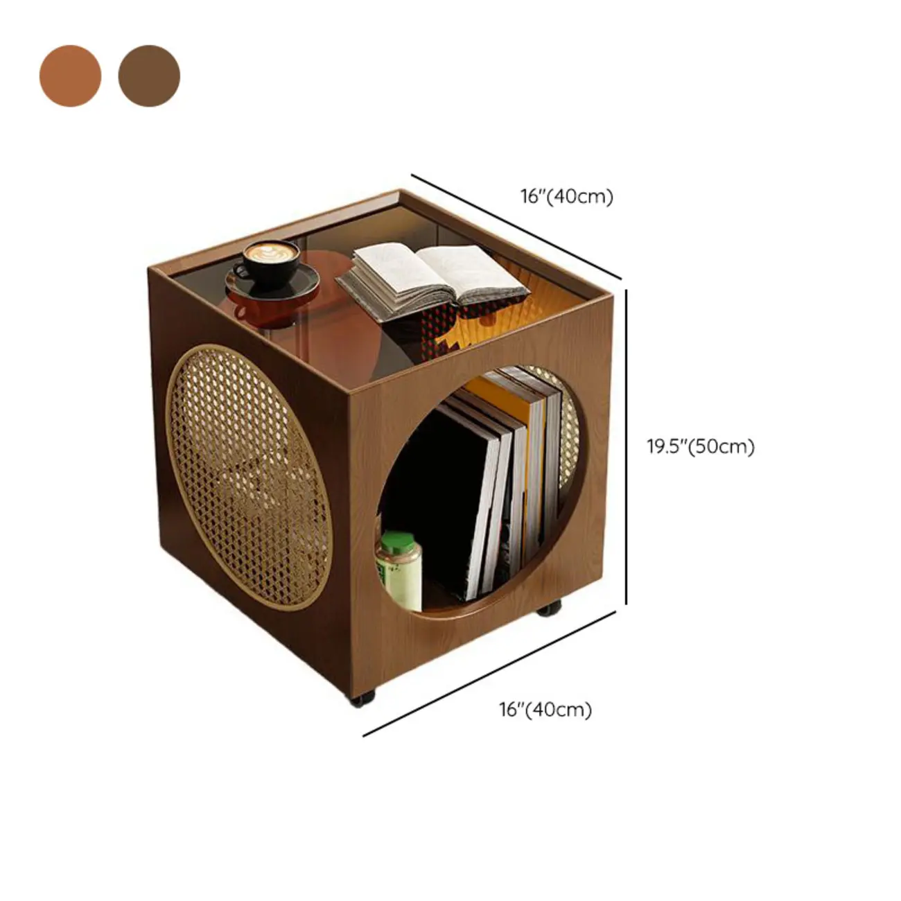 Mid-Century Modern Rolling Glasstop Square Wood Side Table #size | homeyfad