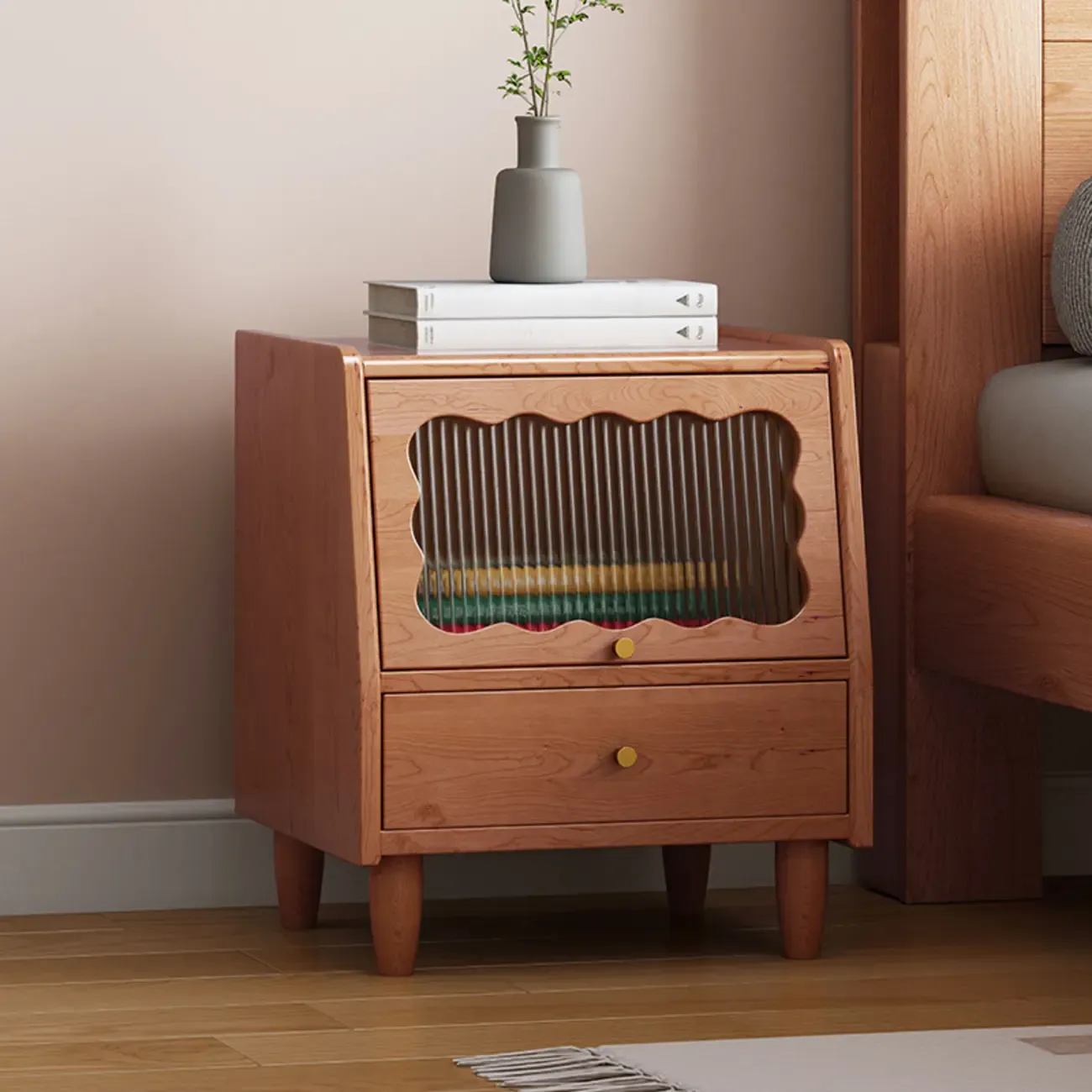 Traditional Open Storage Wooden Nightstand with Legs Image - 2