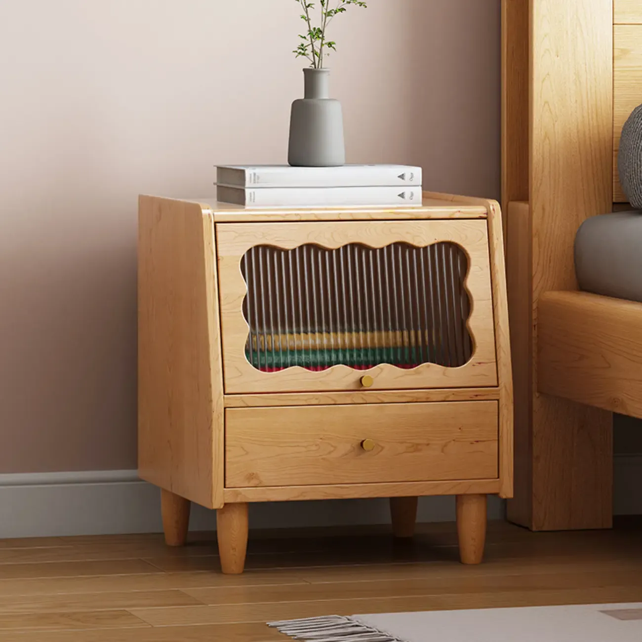 Traditional Open Storage Wooden Nightstand with Legs Image - 3