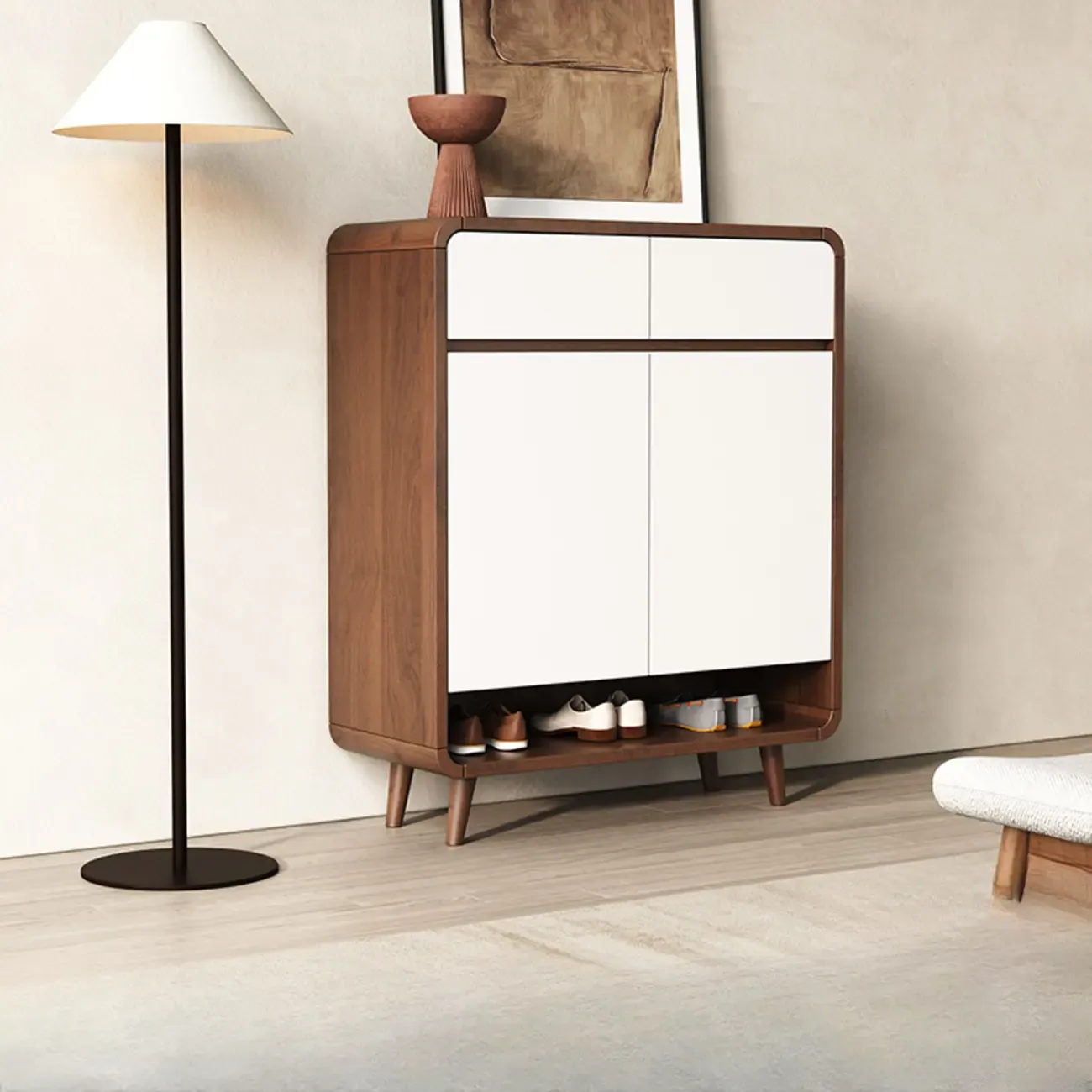 Modern Manufactured White Wood Shoe Cabinet Image - 1