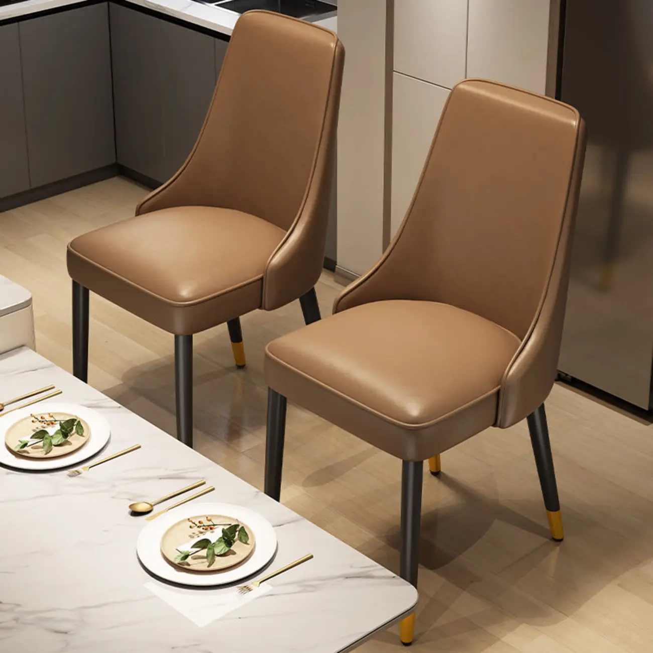 Modern Upholstered Metal Leather Dining Chairs Image - 4 | homeyfad