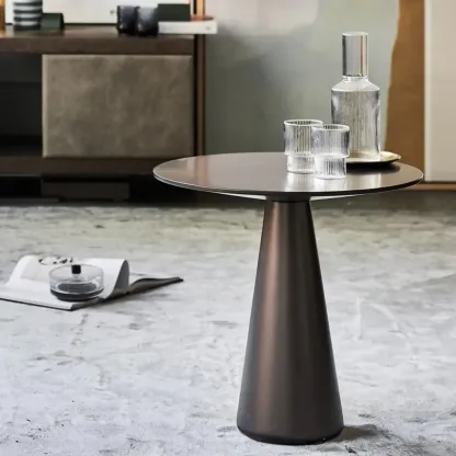 Brown Modern Round Tabletop Metal Pedestal Side Table Image - 1