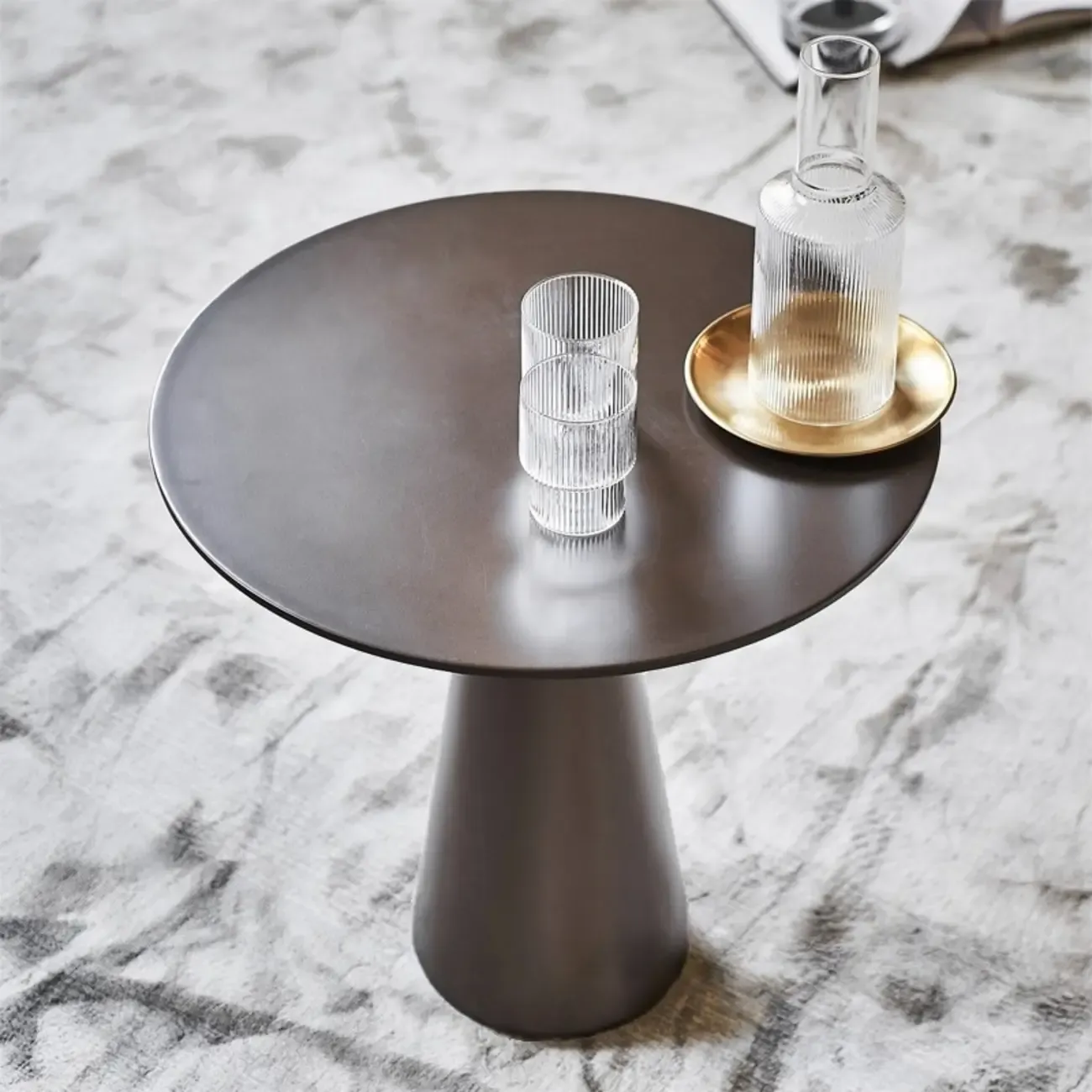 Brown Modern Round Tabletop Metal Pedestal Side Table Image - 4