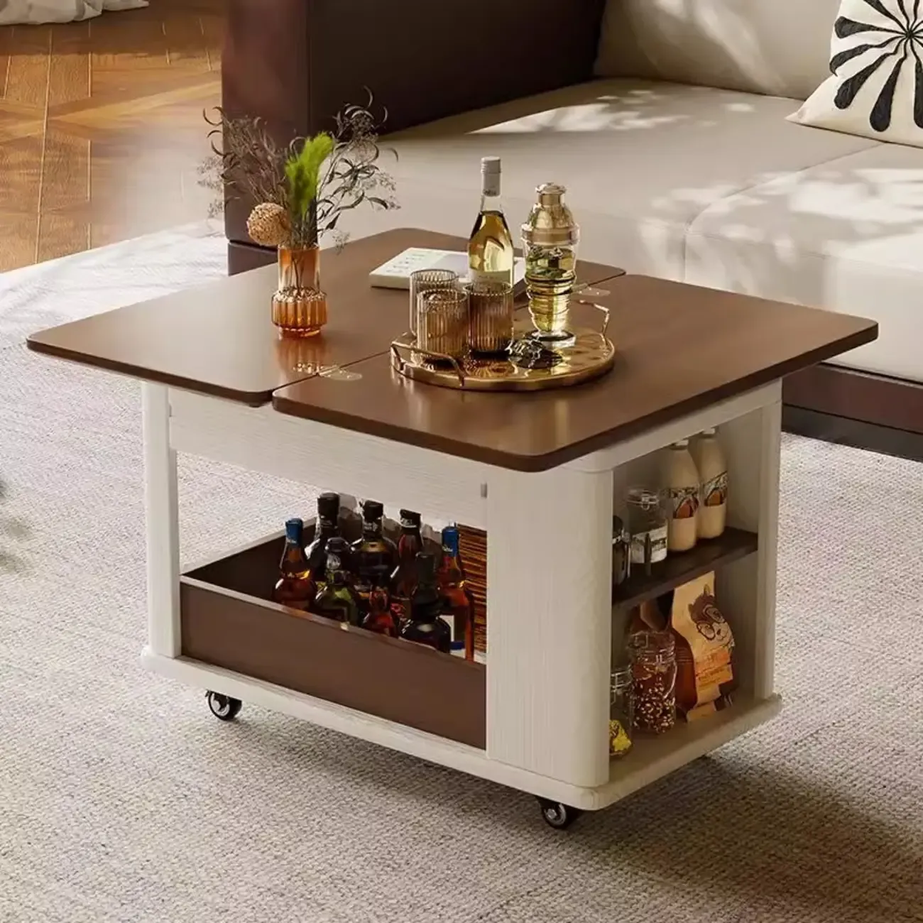 Multi-functional Wood Rolling Side Table Foldable Table Top Image - 2