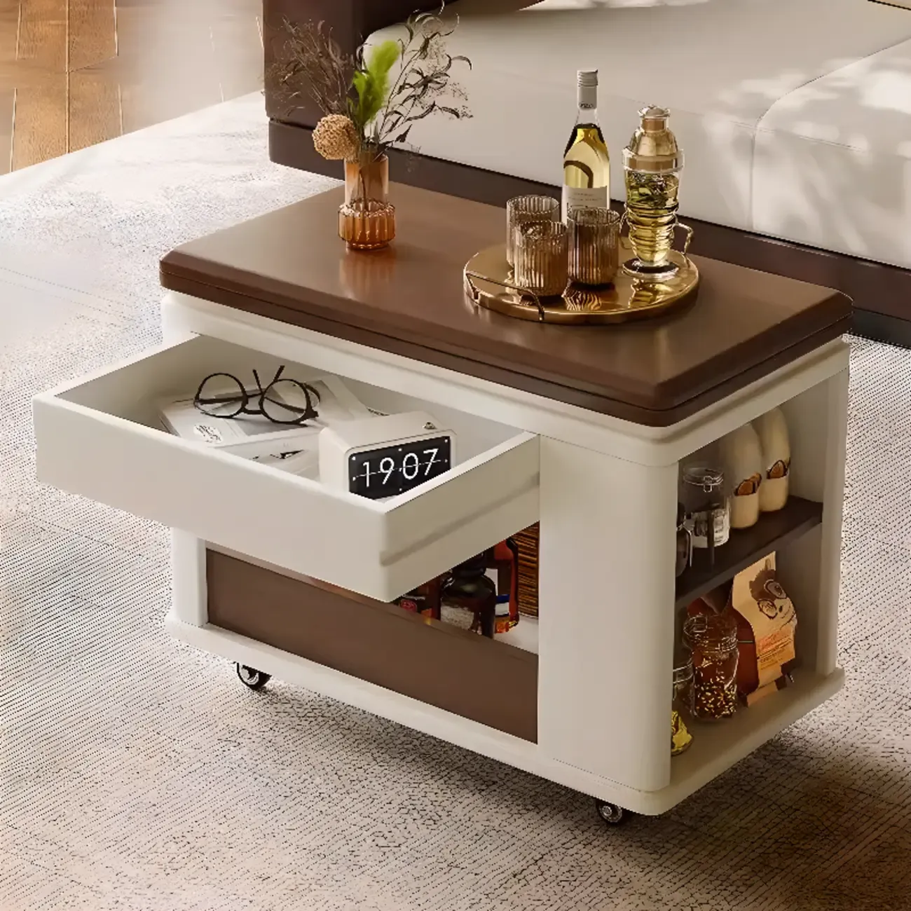 Multi-functional Wood Rolling Side Table Foldable Table Top Image - 4