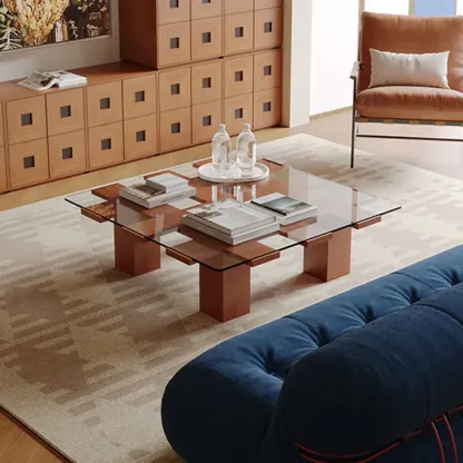 Square Modern Glass Wood Four Legs Coffee Table Image - 1