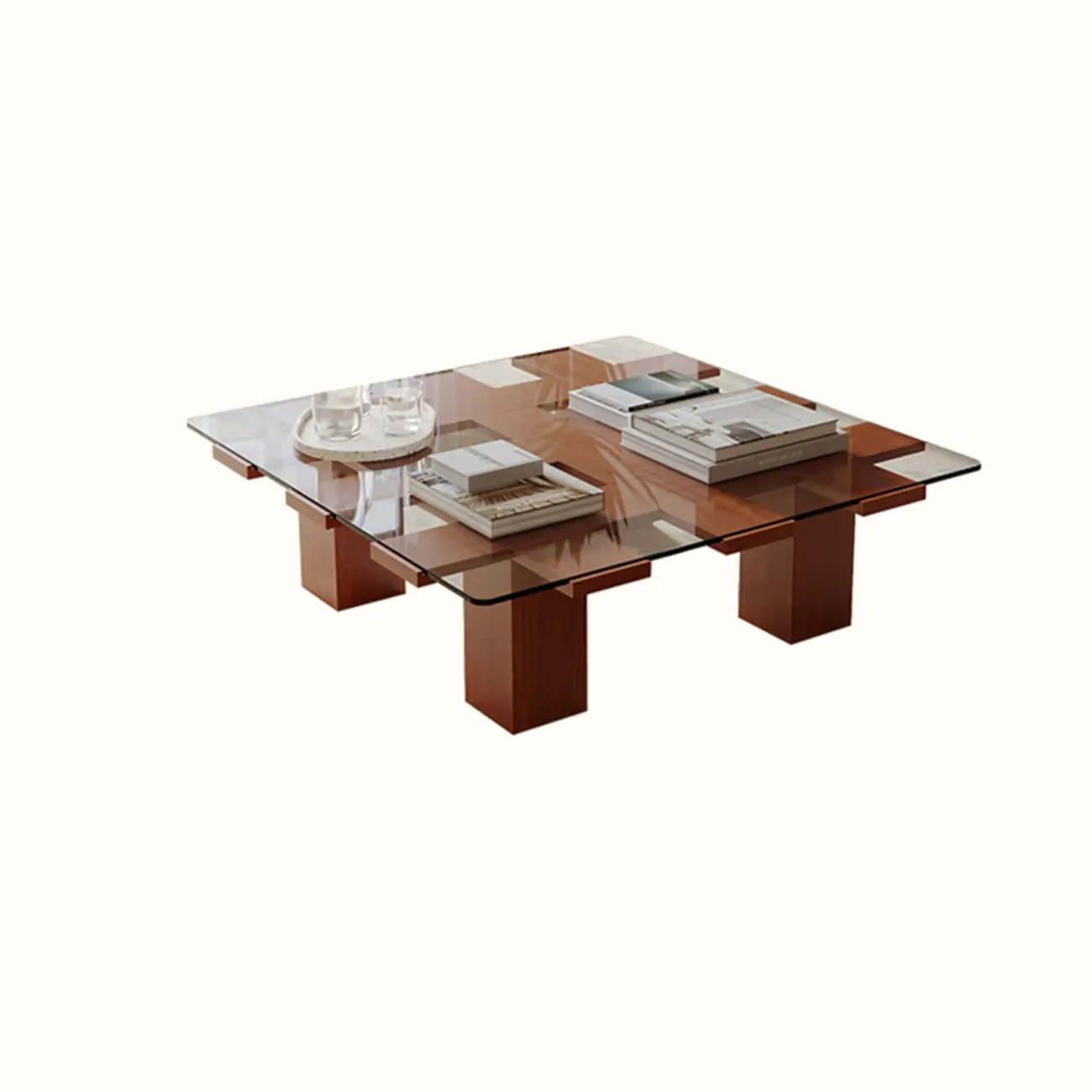 Square Modern Glass Wood Four Legs Coffee Table Image - 2 | homeyfad