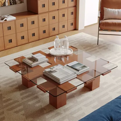 Square Modern Glass Wood Four Legs Coffee Table Image - 3