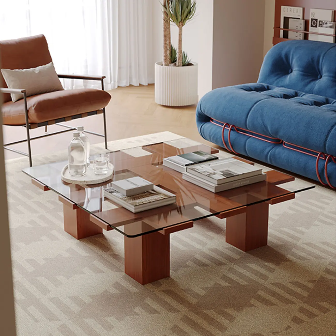 Square Modern Glass Wood Four Legs Coffee Table Image - 4 | homeyfad