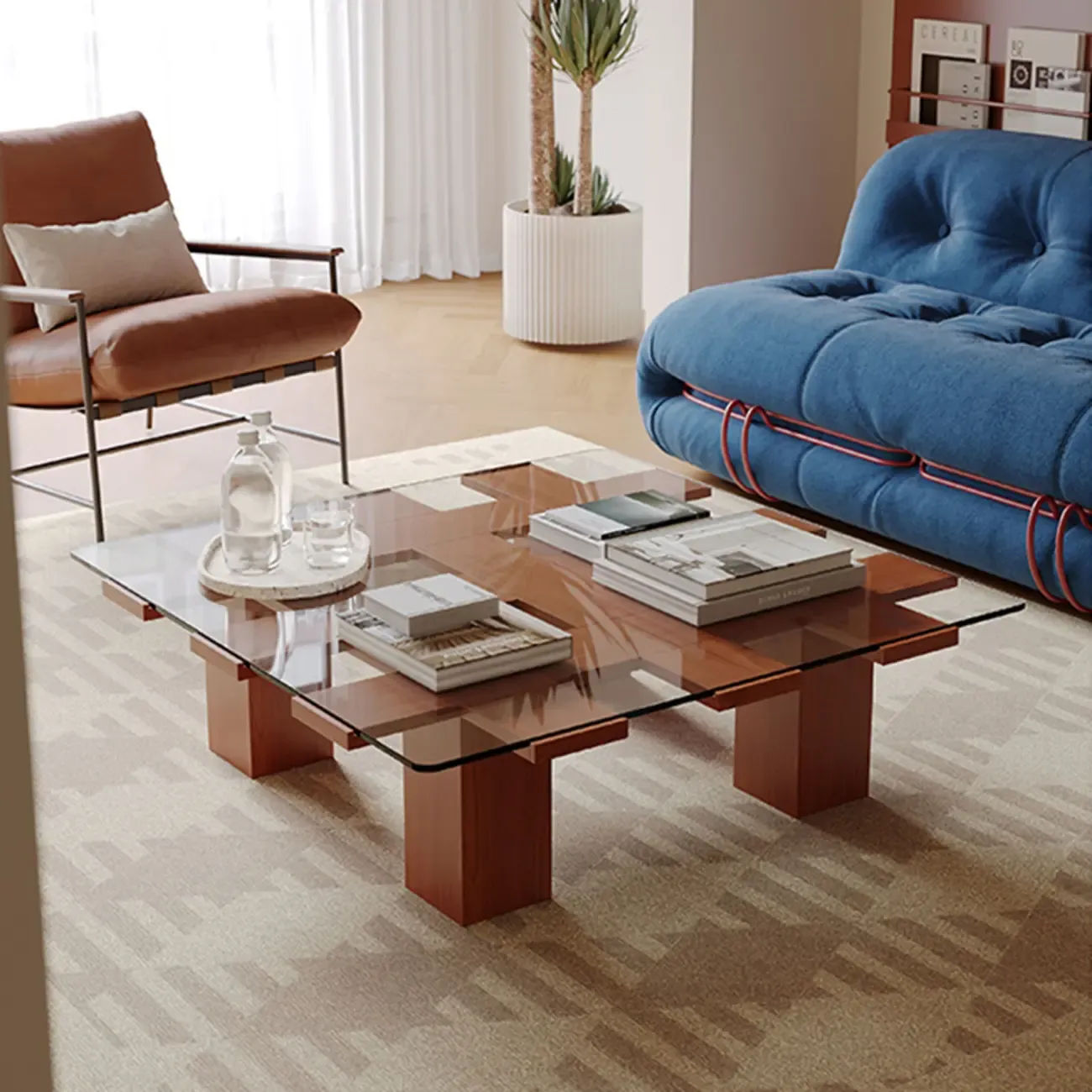 Square Modern Glass Wood Four Legs Coffee Table Image - 4