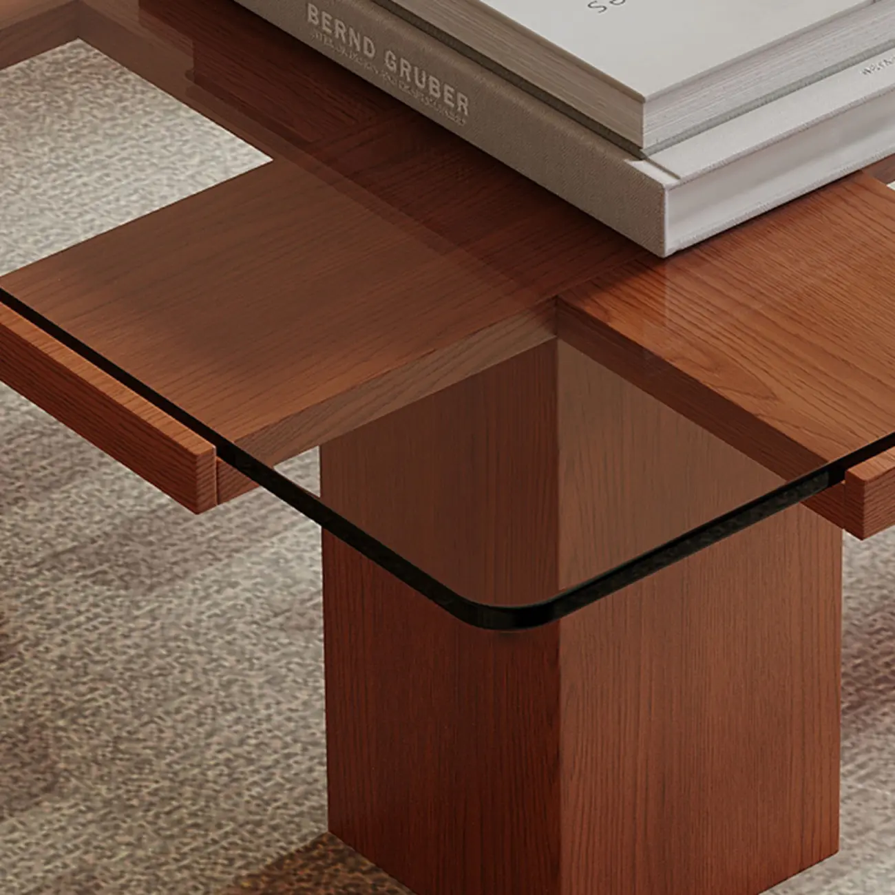 Square Modern Glass Wood Four Legs Coffee Table Image - 5 | homeyfad