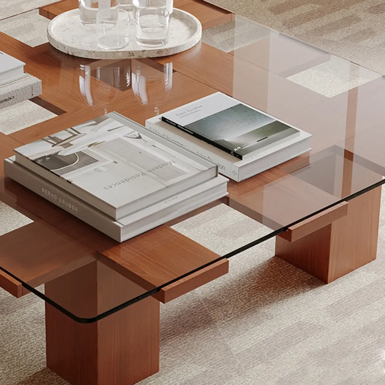 Square Modern Glass Wood Four Legs Coffee Table Image - 6