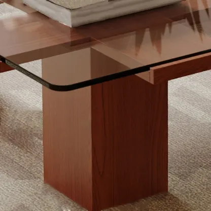 Square Modern Glass Wood Four Legs Coffee Table Image - 7