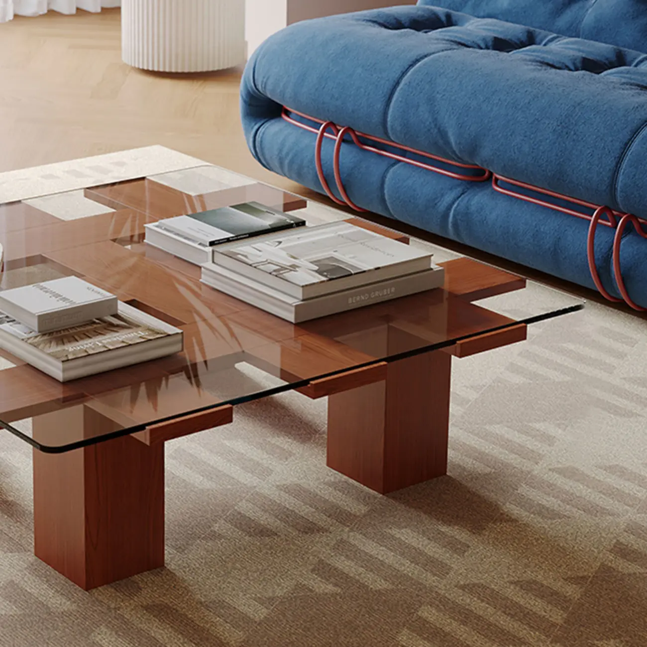 Square Modern Glass Wood Four Legs Coffee Table Image - 9 | homeyfad