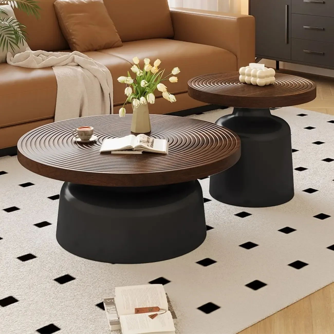 Mid Century Modern Circular Wood Steel Nesting Coffee Table Image - 1