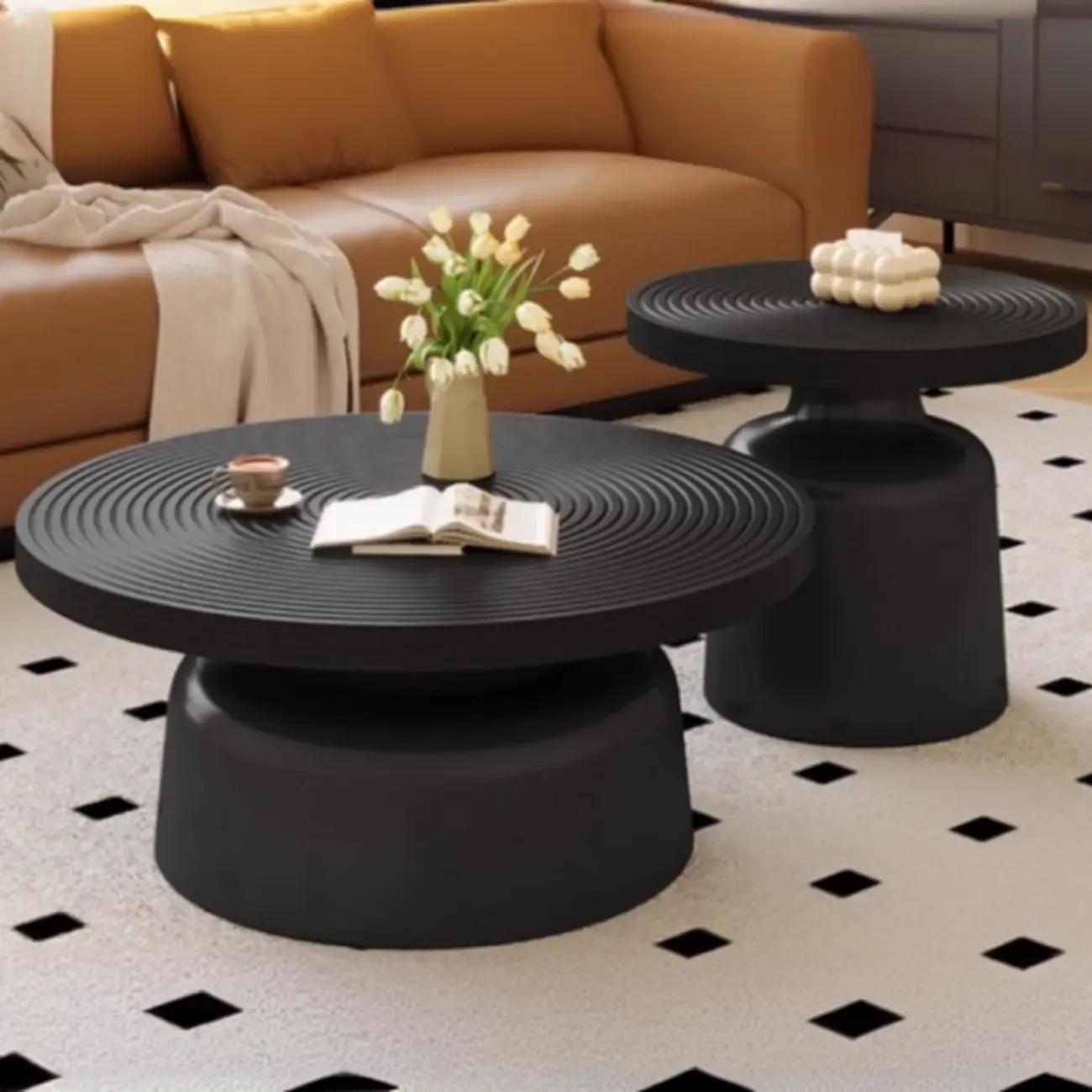 Mid Century Modern Circular Wood Steel Nesting Coffee Table Image - 3