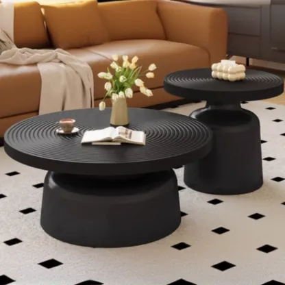 Mid Century Modern Circular Wood Steel Nesting Coffee Table Image - 3