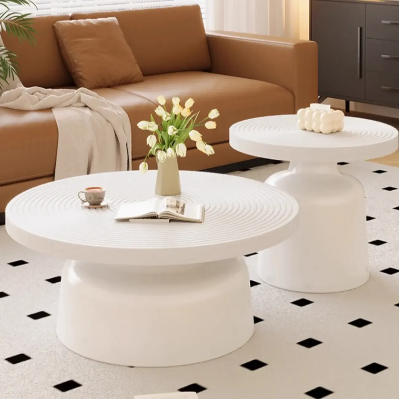 Mid Century Modern Circular Wood Steel Nesting Coffee Table Image - 5