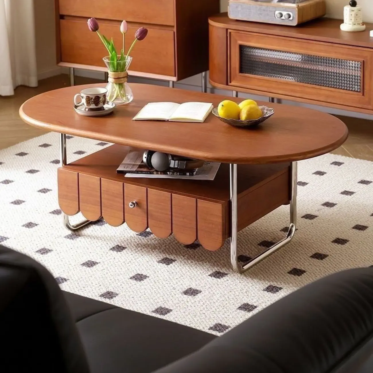 Oval Modern Wood Metal Sled Base Coffee Table Image - 1 | homeyfad