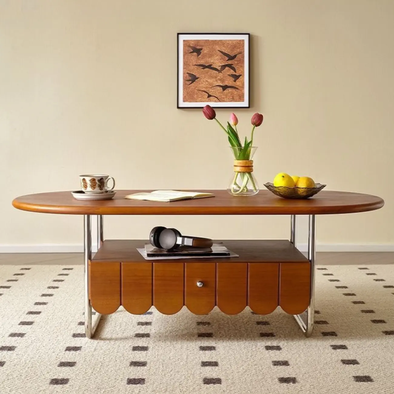 Oval Modern Wood Metal Sled Base Coffee Table Image - 3 | homeyfad
