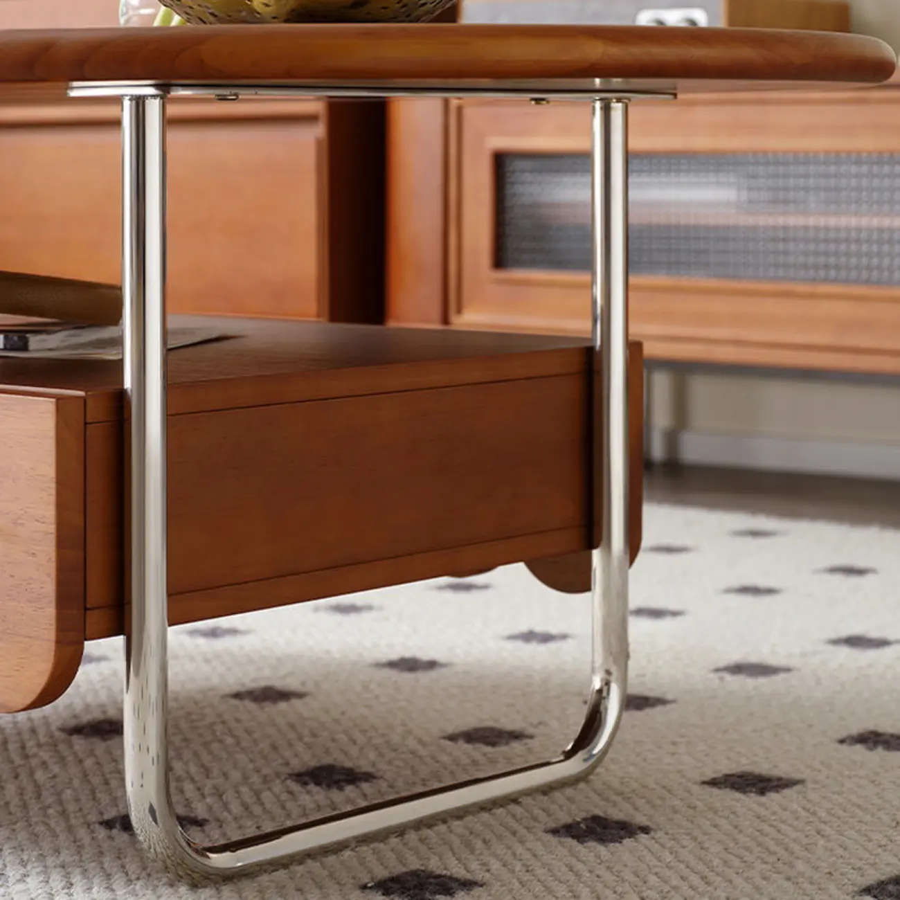 Oval Modern Wood Metal Sled Base Coffee Table Image - 9 | homeyfad