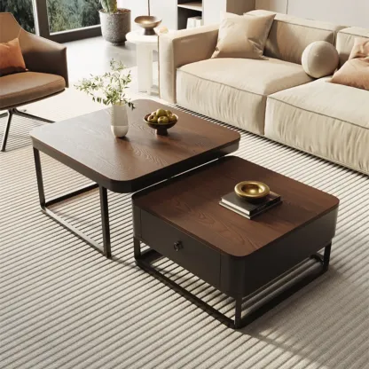 Modern Square Wood Stone Nesting Coffee Table Image - 1