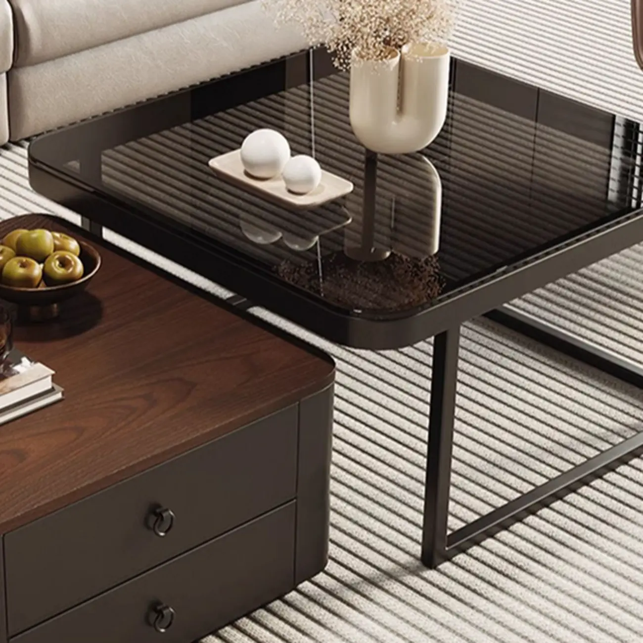 Modern Square Wood Stone Nesting Coffee Table Image - 5 | homeyfad