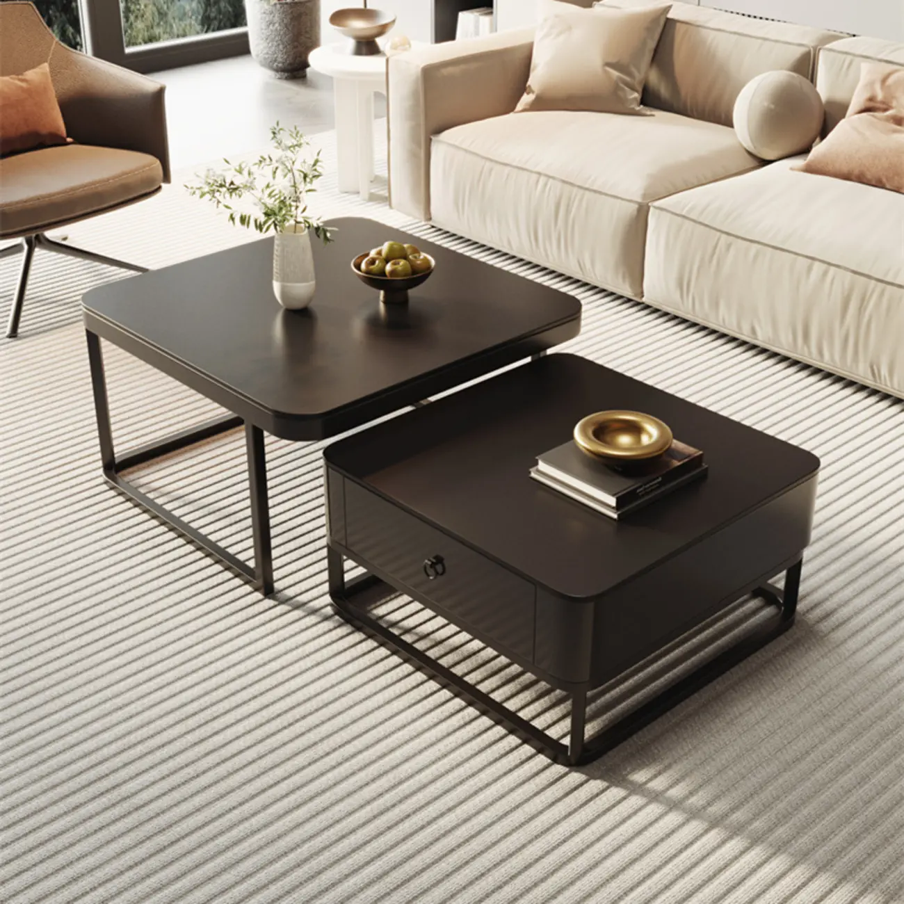 Modern Square Wood Stone Nesting Coffee Table Image - 6 | homeyfad