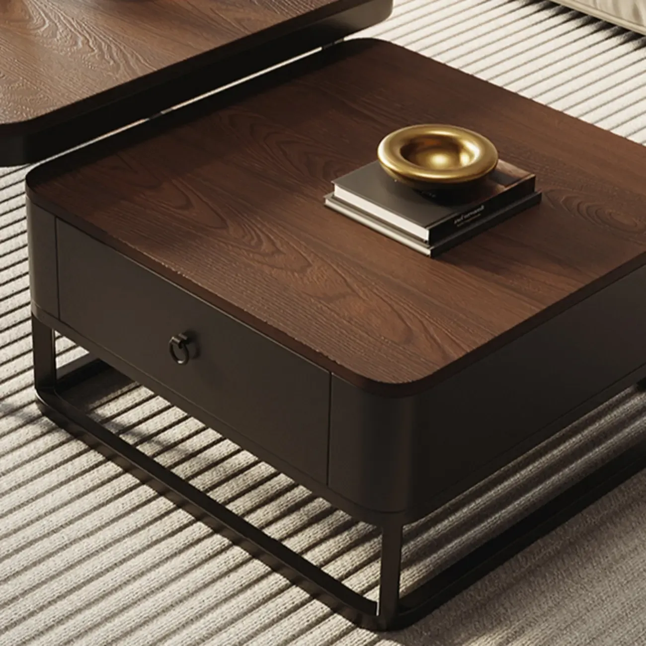 Modern Square Wood Stone Nesting Coffee Table Image - 7