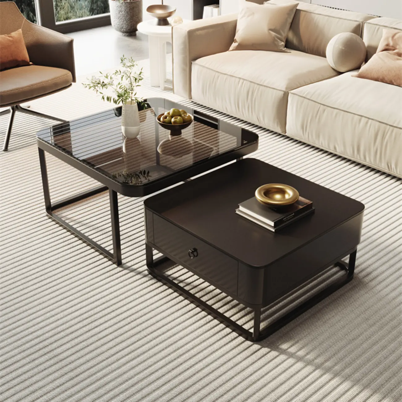 Modern Square Wood Stone Nesting Coffee Table Image - 8 | homeyfad