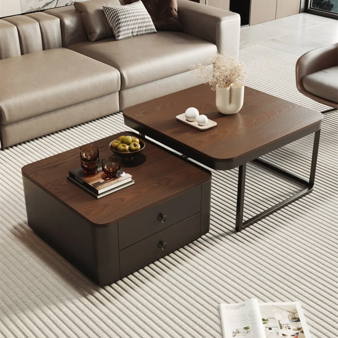 Modern Square Wood Stone Nesting Coffee Table Image - 9 | homeyfad