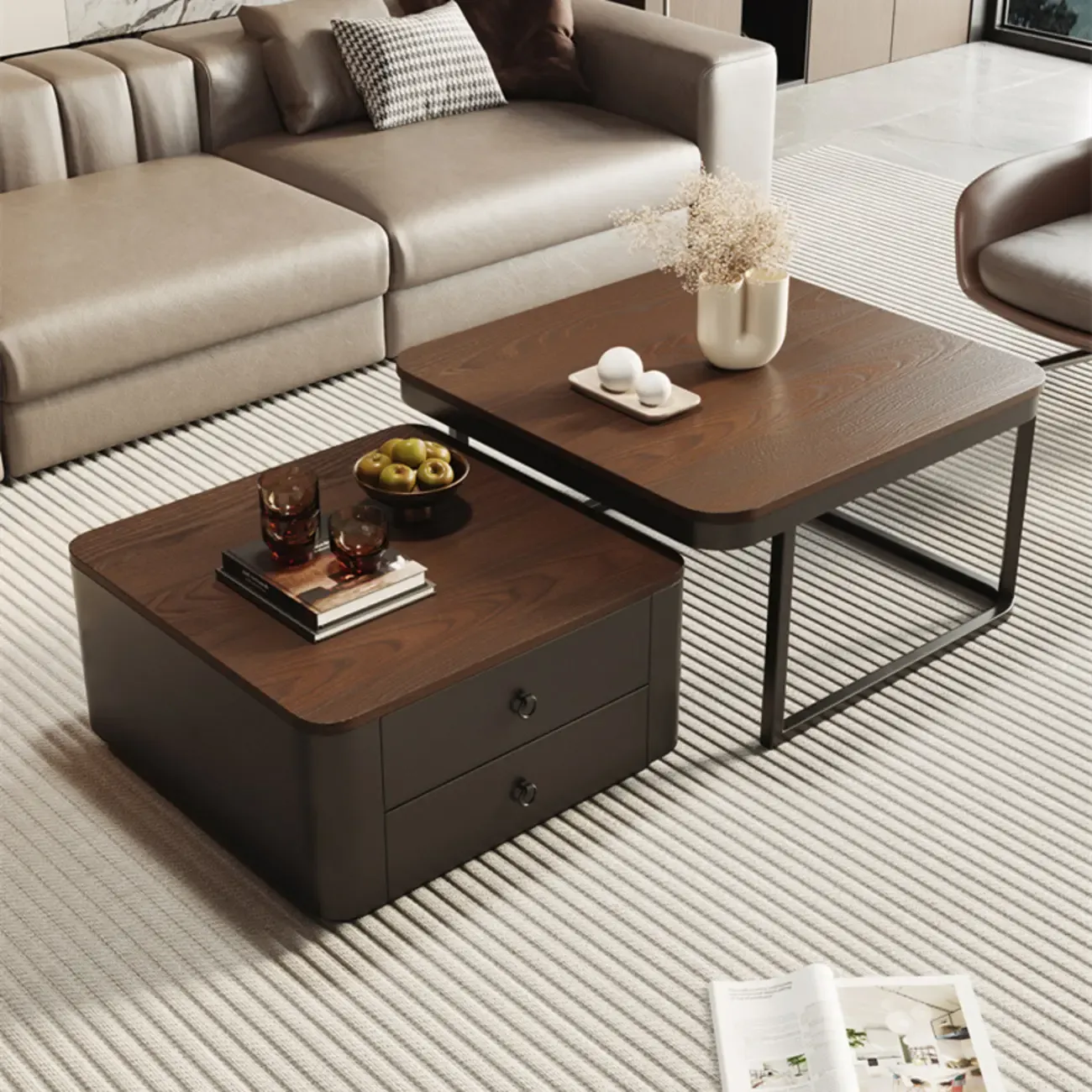 Modern Square Wood Stone Nesting Coffee Table Image - 9