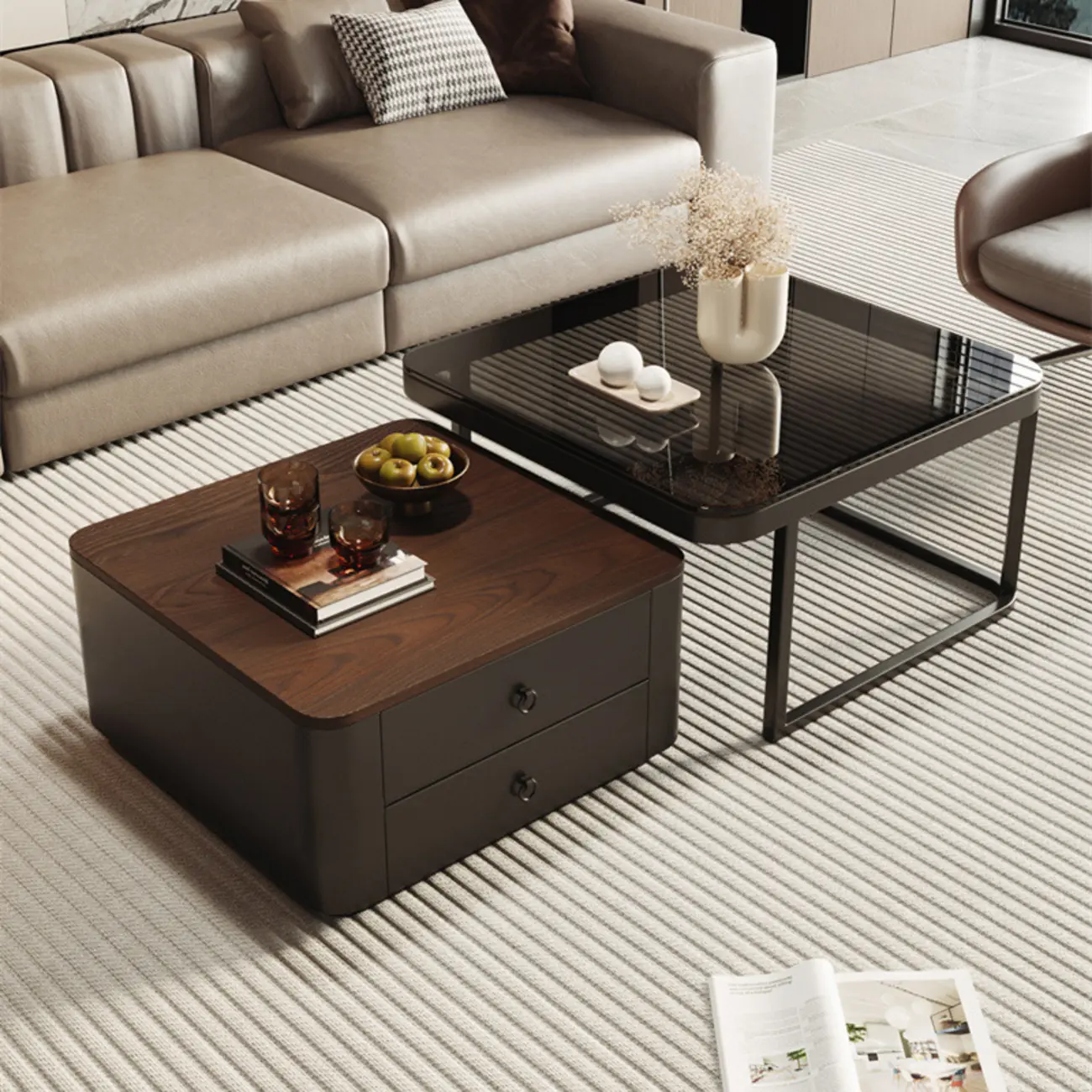 Modern Square Wood Stone Nesting Coffee Table Image - 11 | homeyfad