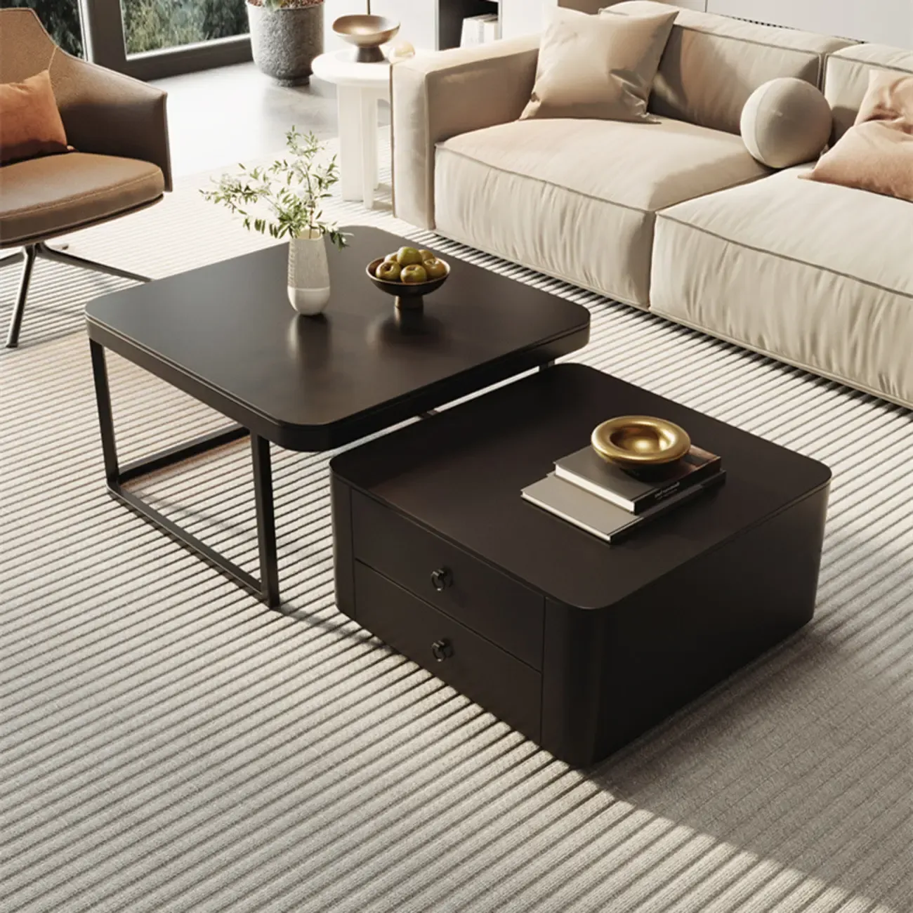 Modern Square Wood Stone Nesting Coffee Table Image - 12