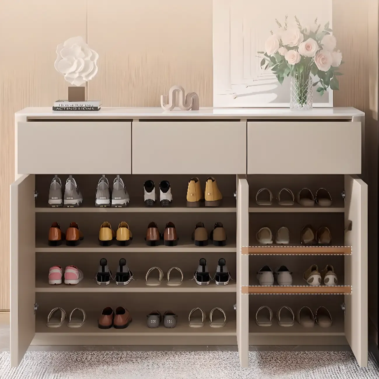 Modern Metal Shoe Cabinet with Khaki Finish Image - 4