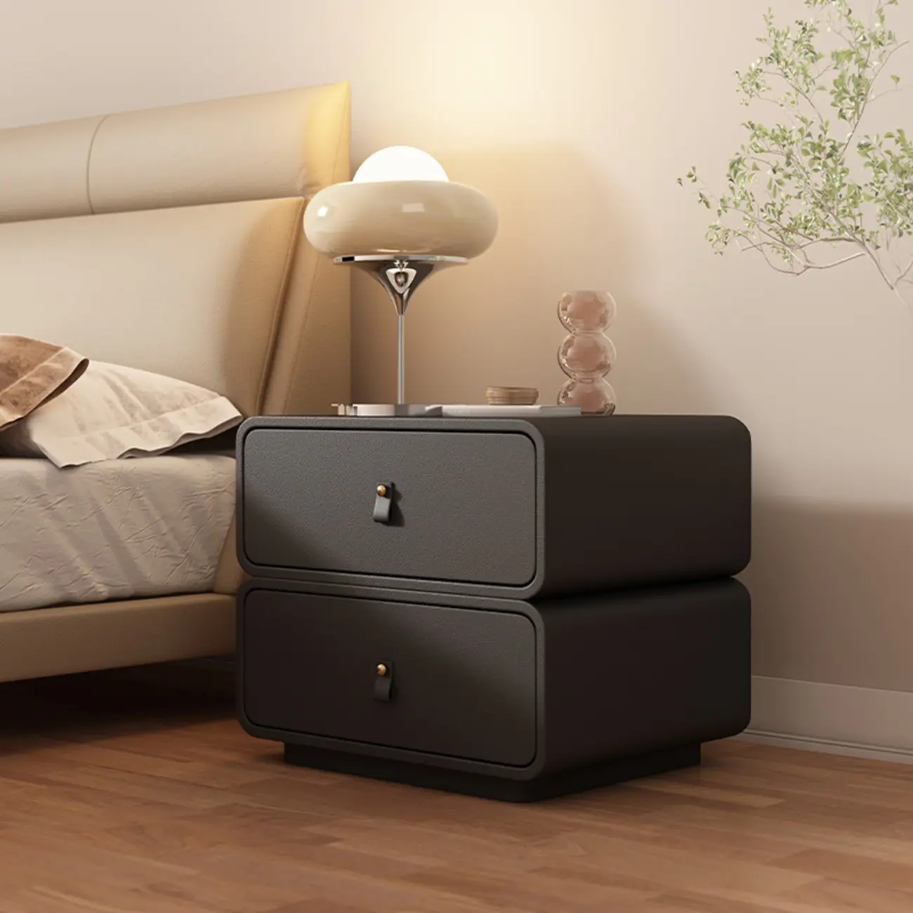 Modern Faux Leather 2-Drawer Nightstand Image - 5 | homeyfad