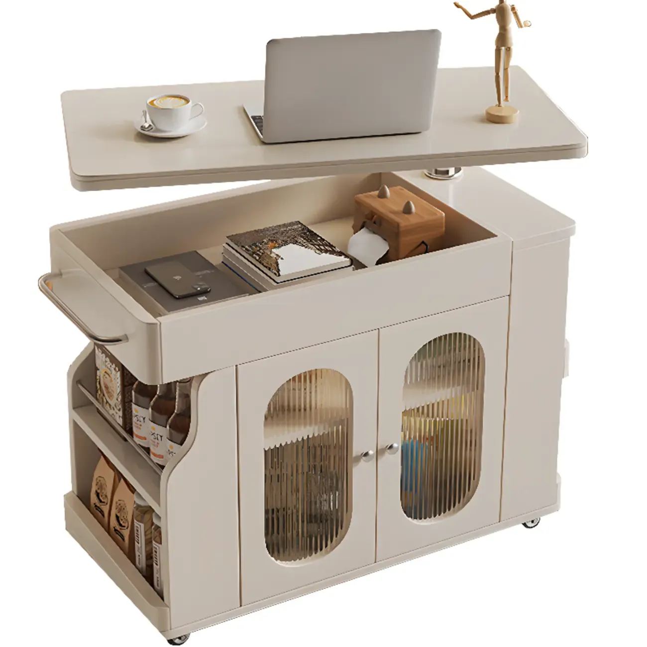 Multi-levelled Fold Away Chairside Table with Roller Wheels Image - 3