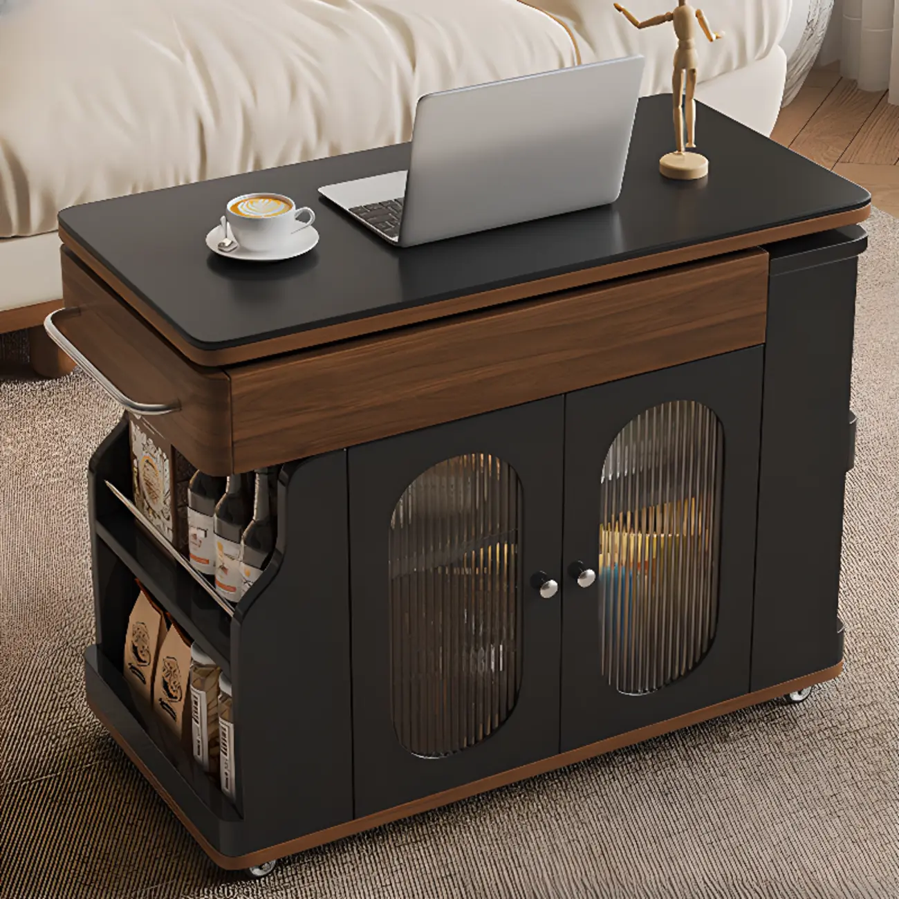 Multi-levelled Fold Away Chairside Table with Roller Wheels Image - 6 | homeyfad