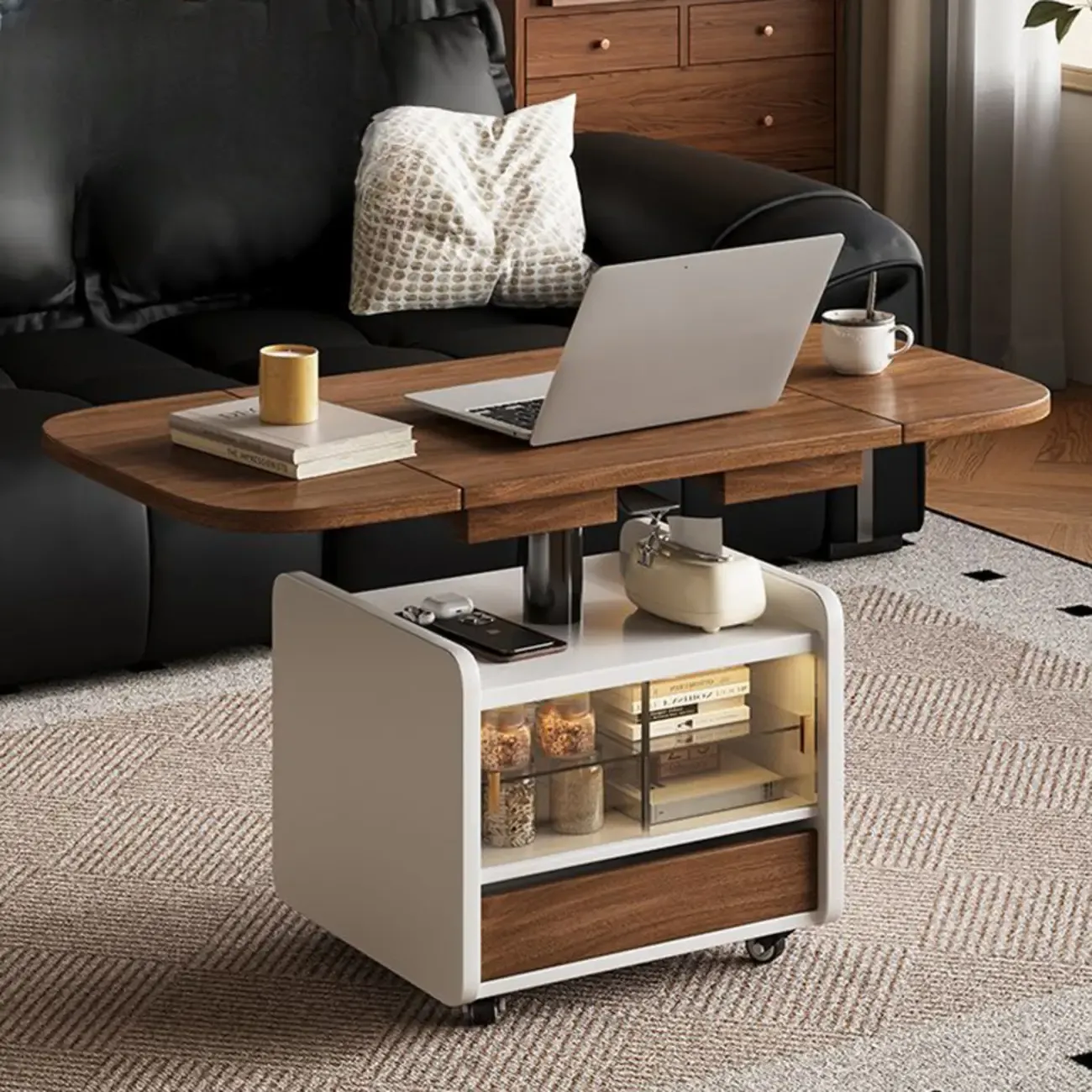 Multi-levelled Fold Away Chairside Table with Roller Wheels and Magazine Rack Image - 1